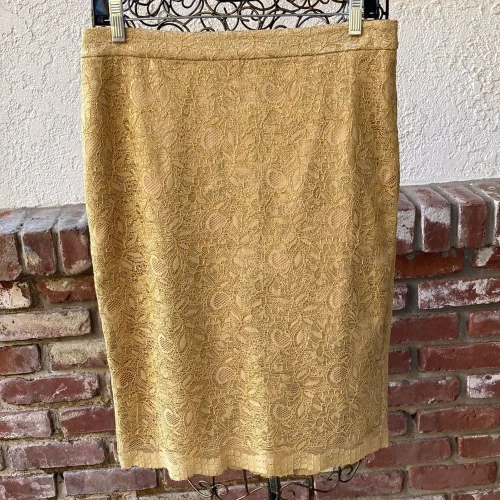 Jones New York Holiday Metallica Gold Lace Fully Lined Pencil Skirt Size 6